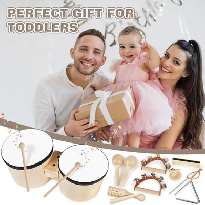 Fidtoy 7-Piece Musical Toys for Toddlers Wooden Instrument Set Drum Bells Maracas Learning Toys