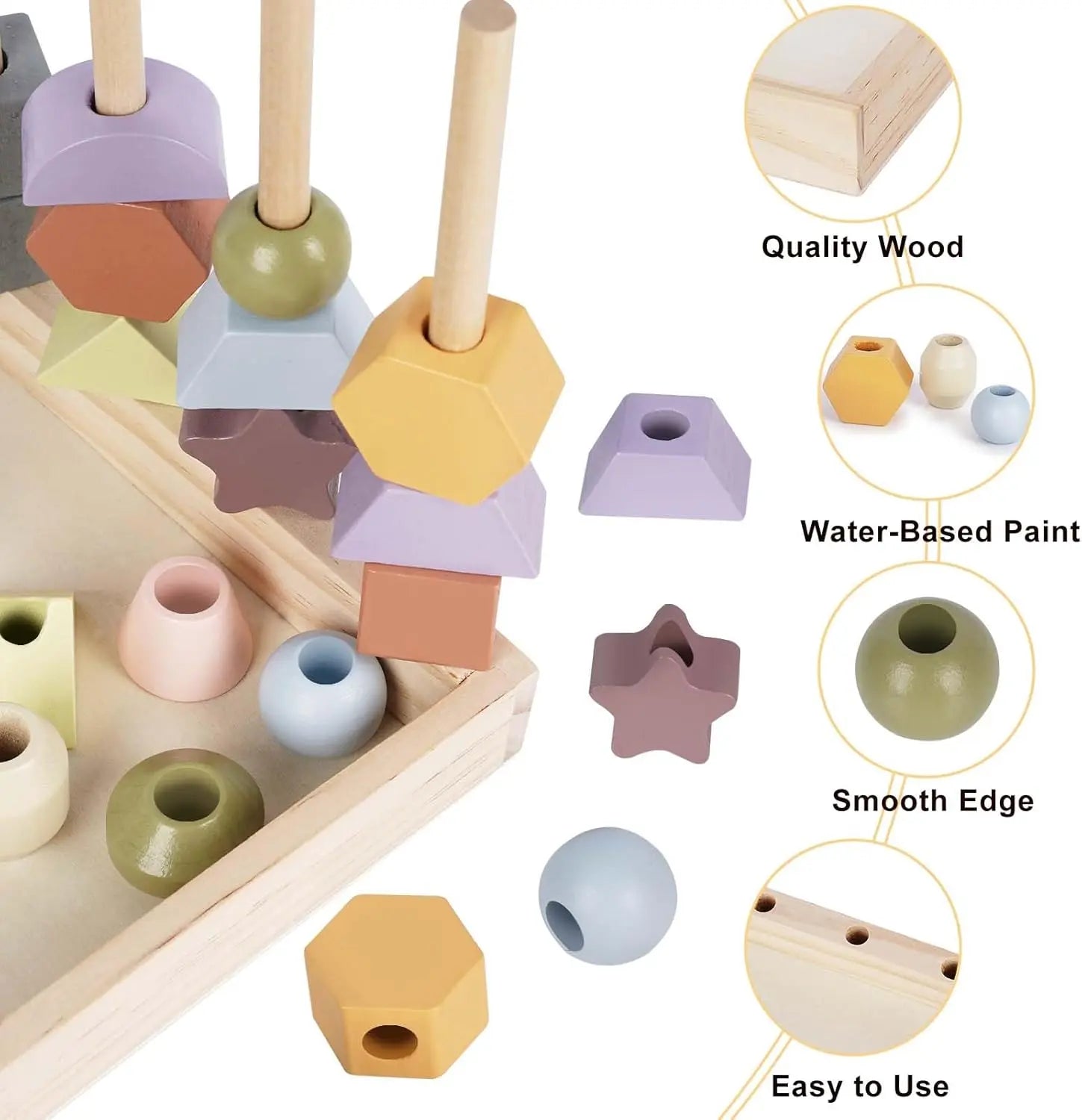 Fidtoy Wooden Toy for Toddlers Color Shape Matching Stacking Threading Learning Toy Set