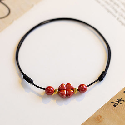 Buddha Stones Four Leaf Clover Cinnabar Blessing Calm String Bracelet Anklet Bracelet BS 26