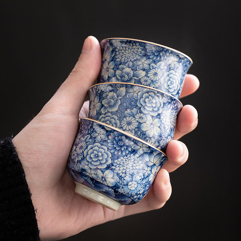 Buddha Stones Vintage Lotus Peony Plum Blossom Chrysanthemum Ceramic Teacup Tea Cups Cup BS 13