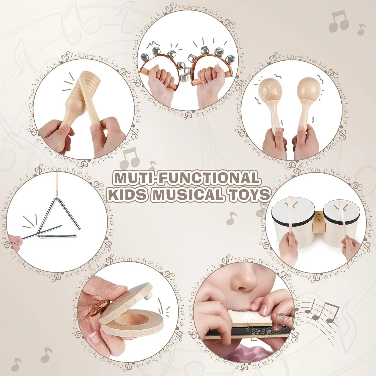 Fidtoy 7-Piece Musical Toys for Toddlers Wooden Instrument Set Drum Bells Maracas Learning Toys