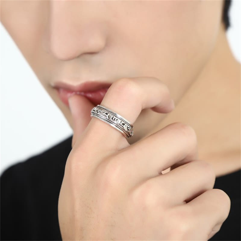 Buddha Stones Tibetan Om Mani Padme Hum PiXiu Engraved Wealth Luck Rotatable Ring Ring BS 6
