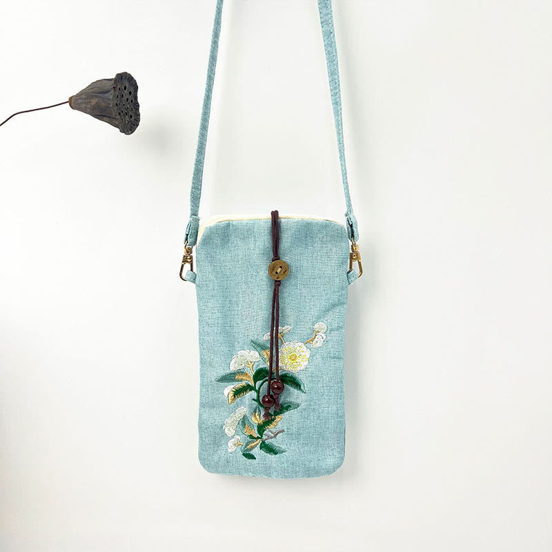 Buddha Stones Small Embroidered Flowers Crossbody Bag Shoulder Bag Cellphone Bag 11*20cm Crossbody Bag BS Light Green White Plum 11*20cm