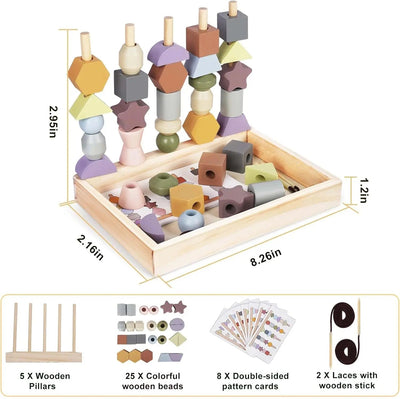 Fidtoy Wooden Toy for Toddlers Color Shape Matching Stacking Threading Learning Toy Set