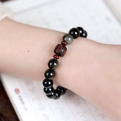Buddha Stones Natural Gold Sheen Obsidian Rainbow Obsidian Om Mani Padme Hum Fu Character Healing Bracelet Bracelet BS 10mm Gold Sheen Obsidian&Auspicious Clouds (Wrist Circumference 14-16cm)