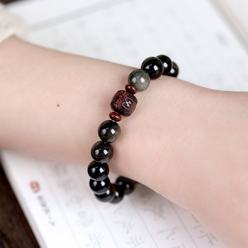 Buddha Stones Natural Gold Sheen Obsidian Rainbow Obsidian Om Mani Padme Hum Fu Character Healing Bracelet Bracelet BS 10mm Gold Sheen Obsidian&Auspicious Clouds (Wrist Circumference 14-16cm)