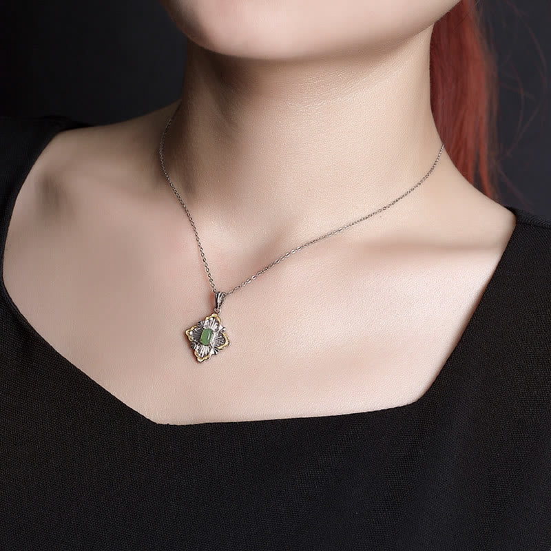 Buddha Stones 925 Sterling Silver Plated Gold Hetian Cyan Jade Rhombus Design Luck Healing Necklace Pendant Necklaces & Pendants BS 4
