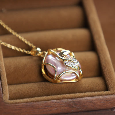 Buddha Stones 18K Gold Plated Copper Natural Baroque Pearl Flower Sincerity Necklace Pendant 4