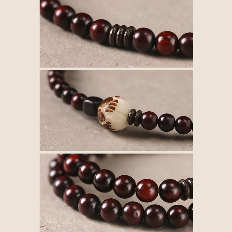 Bracelet double tour de protection Foviel en bois de santal rouge à petites feuilles et graines de Bodhi sculptées en forme de lotus