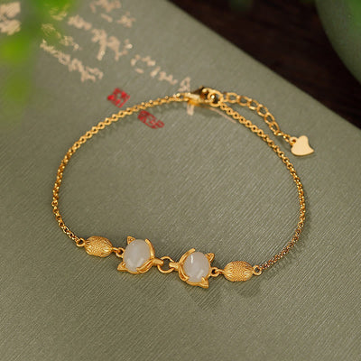 Buddha Stones 925 Sterling Silver Natural Hetian White Jade Cyan Jade Lovely Fox Luck Bracelet Bracelet BS White Jade(Protection♥Happiness)