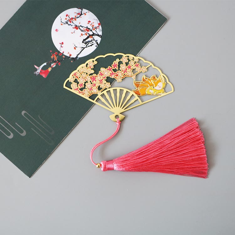 Buddha Stones Traditional Butterfly Lotus Flower Crane Dragon Phoenix Fox Koi Fish New Beginning Metal Brass Hollow Fan Bookmarks Bookmarks BS Fox