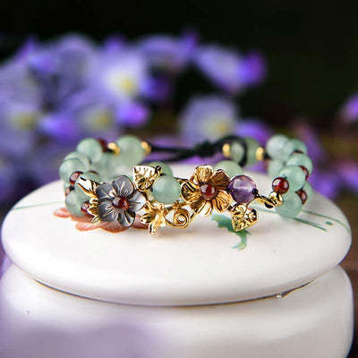 Buddha Stones Green Aventurine Garnet Bead Flower Petal Luck Bracelet Bracelet BS 7