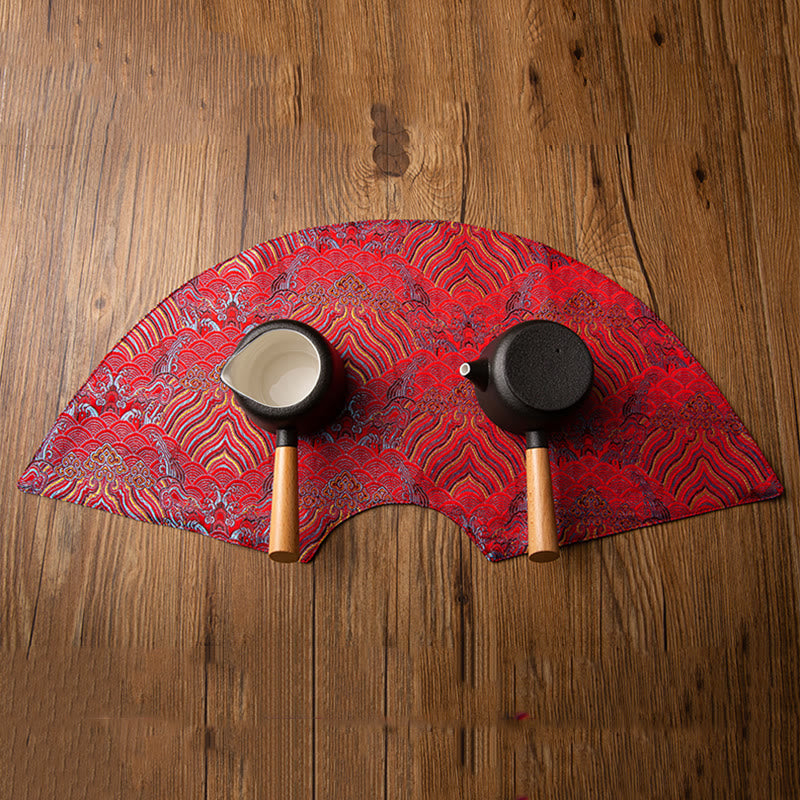 Buddha Stones Vintage Sea Wave Bamboo Plum Blossom Embroidered Cup Mat Pad Tea Cup Coaster Kung Fu Tea Mat Tea Mat BS 12