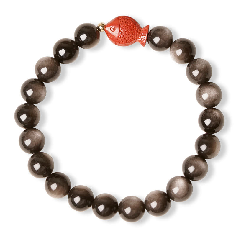 Bracelet Foviel en obsidienne argentée naturelle, cinabre et motif de poisson koï pour une protection apaisante