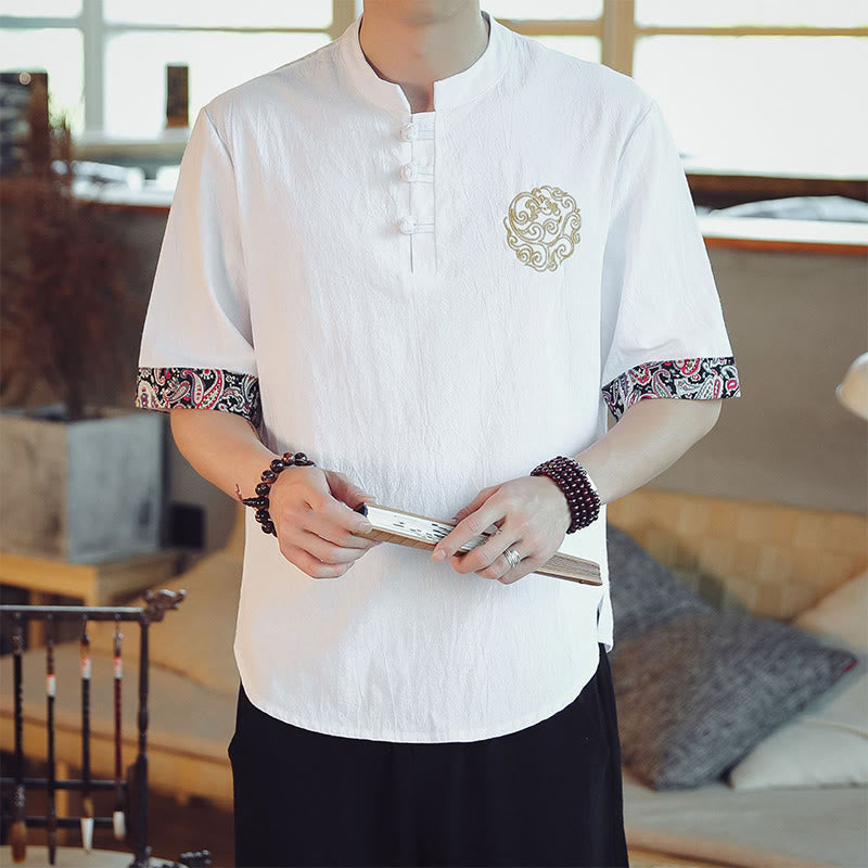 Buddha Stones Frog-Button Dragon Embroidery Chinese Tang Suit Short Sleeve Shirt Linen Men Clothing Men's Shirts BS White 5XL(Fit for USUK/AU46; EU56)