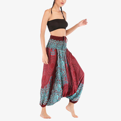 Buddha Stones Two Style Wear Round Geometric Pattern Loose Smocked Harem Trousers Jumpsuit High Waist Women's Yoga Pants Harem Pants&Bodysuit BS 5