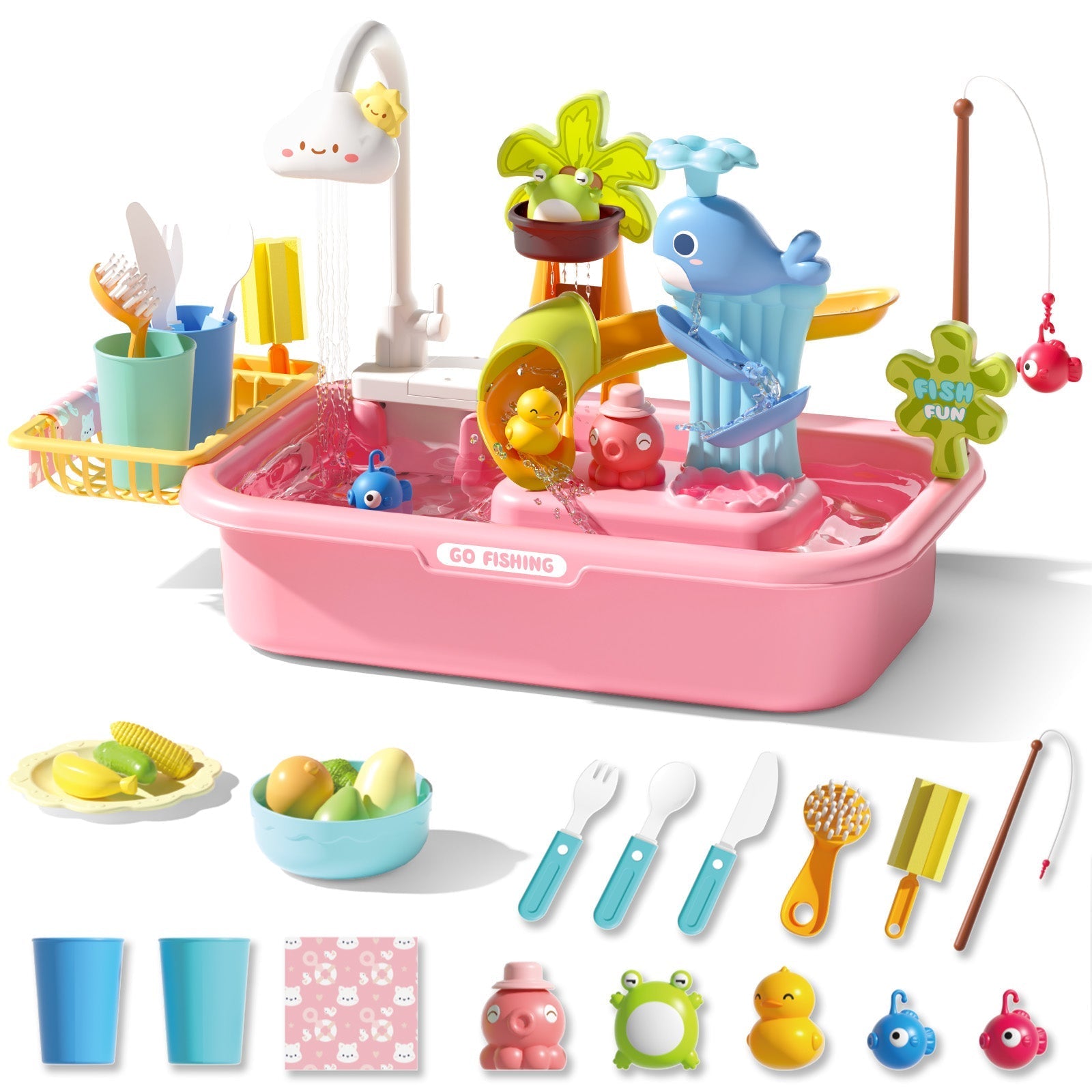 Pretend Play Kitchen Sink with Real Running Water -4-in-1 Water Play Table, Floating Pool, Fishing & Duck Slide Game - Interactive Washing Up Toy for Toddlers & Kids (Blue