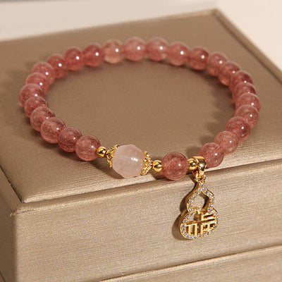 Buddha Stones Strawberry Quartz Gourd Fu Character Charm Positive Bracelet Bracelet BS 8