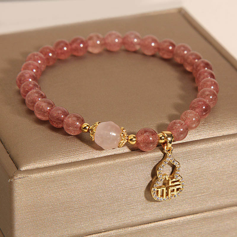 Buddha Stones Strawberry Quartz Gourd Fu Character Charm Positive Bracelet Bracelet BS 8