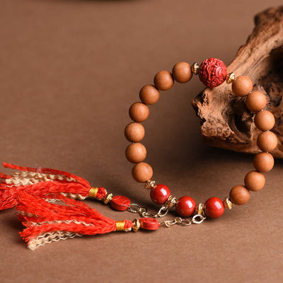 Buddha Stones Tibetan Natural Peach Wood Cinnabar PiXiu Wealth Tassels Bracelet Bracelet BS 1