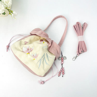 Buddha Stones Suzhou Embroidery Lotus Epiphyllum Magnolia Cotton Linen Tote Crossbody Bag Shoulder Bag Handbag Crossbody Bag BS 24