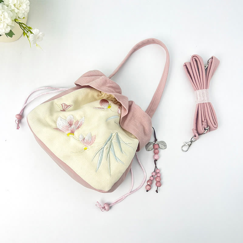 Buddha Stones Suzhou Embroidery Lotus Epiphyllum Magnolia Cotton Linen Tote Crossbody Bag Shoulder Bag Handbag Crossbody Bag BS 24