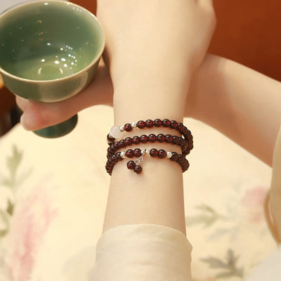 Buddha Stones 925 Sterling Silver Natural Garnet Cat Eye Protection Triple Wrap Bracelet Bracelet BS 10