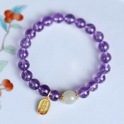 Buddha Stones Natural Amethyst Crystal Hetian Jade Healing Charm Bracelet Bracelet BS 1