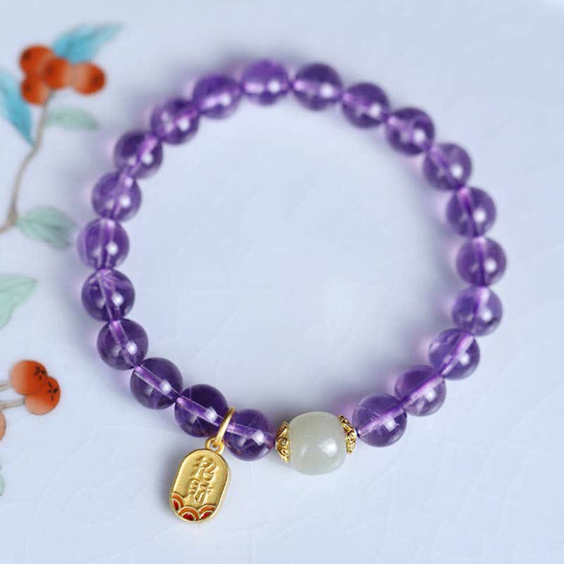 Buddha Stones Natural Amethyst Crystal Hetian Jade Healing Charm Bracelet Bracelet BS 1