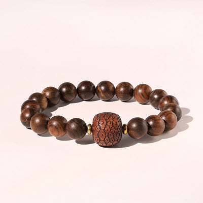 Buddha Stones Rosewood Auspicious Clouds Totem Fu Character Bamboo Pattern Warmth Bracelet Bracelet BS Auspicious Clouds(Wrist Circumference 14-16cm)