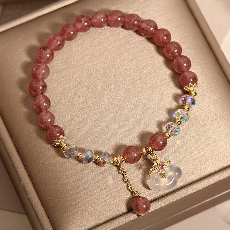 Buddha Stones Natural Strawberry Quartz Crystal White Agate Auspicious Cloud Healing Bracelet Bracelet BS 3