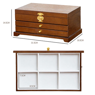 Buddha Stones Retro Wooden Jewelry Box Three-Layer Jewelry Storage Box Jewelry Box BS 16