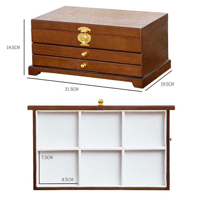 Buddha Stones Retro Wooden Jewelry Box Three-Layer Jewelry Storage Box Jewelry Box BS 16