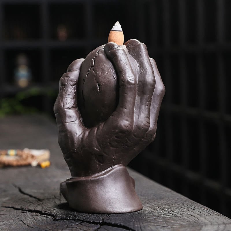Buddha Stones Halloween Skull With Ghost Hand Purple Clay Spiritual Incense Burner Decoration Incense Burner BS 5