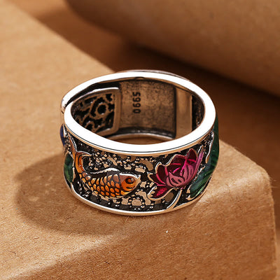 Buddha Stones Copper Blue Enamel Lotus Heart Sutra Koi Fish Luck Ring Ring BS 8