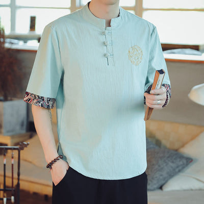 Buddha Stones Frog-Button Dragon Embroidery Chinese Tang Suit Short Sleeve Shirt Linen Men Clothing Men's Shirts BS 12