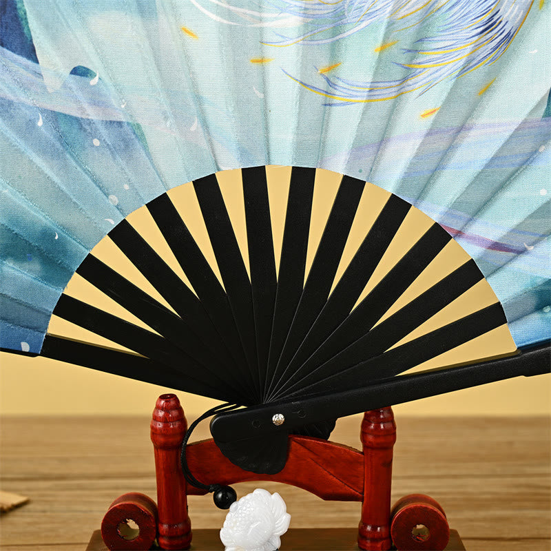 Buddha Stones Vintage Phoenix Nine-Tailed Fox Flower Bamboo Tiger Handheld Folding Fan Lotus Tassel Fan Folding Fan BS 2