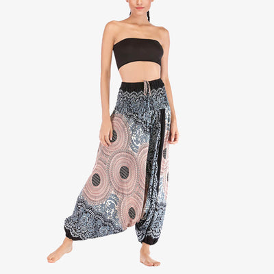 Buddha Stones Two Style Wear Round Geometric Pattern Loose Smocked Harem Trousers Jumpsuit High Waist Women's Yoga Pants Harem Pants&Bodysuit BS 29