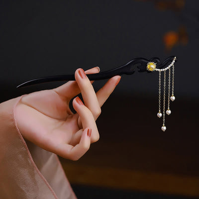 Buddha Stones Ebony Wood Yellow Flower Pearl Tassels Hairpin Hairpin BS Ebony Wood(Balance♥Calm)