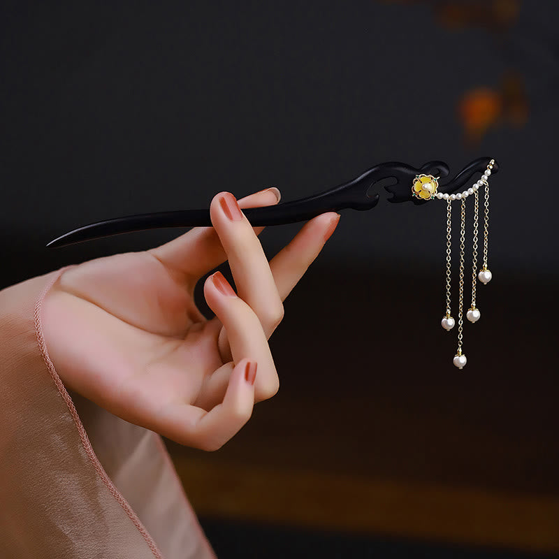 Buddha Stones Ebony Wood Yellow Flower Pearl Tassels Hairpin Hairpin BS Ebony Wood(Balance♥Calm)
