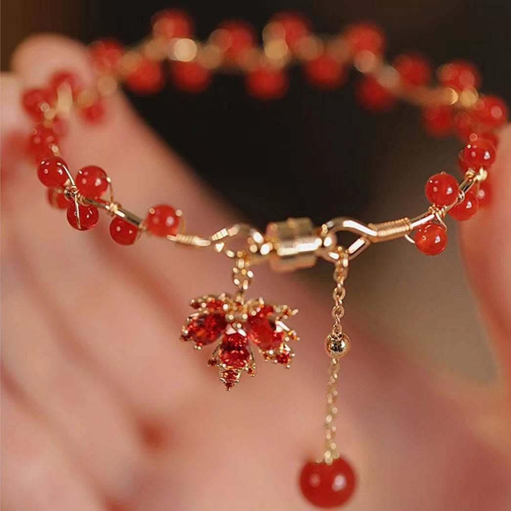 Buddha Stones Red Maple Leaf Luck Charm Bracelet Bracelet BS 1