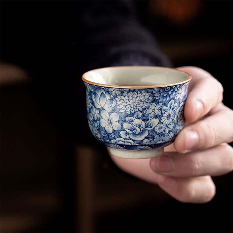 Buddha Stones Vintage Lotus Peony Plum Blossom Chrysanthemum Ceramic Teacup Tea Cups Cup BS 4