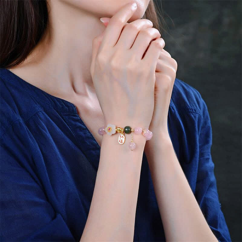 Buddha Stones Natural Pink Crystal Jade Flower Warm Love Bracelet Bracelet BS 2