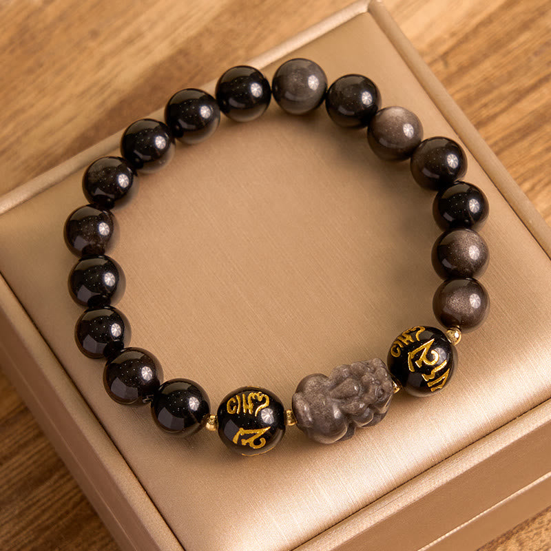 Buddha Stones Natural Silver Sheen Obsidian Black Obsidian Om Mani Padme Hum Pixiu Protection Bracelet 2