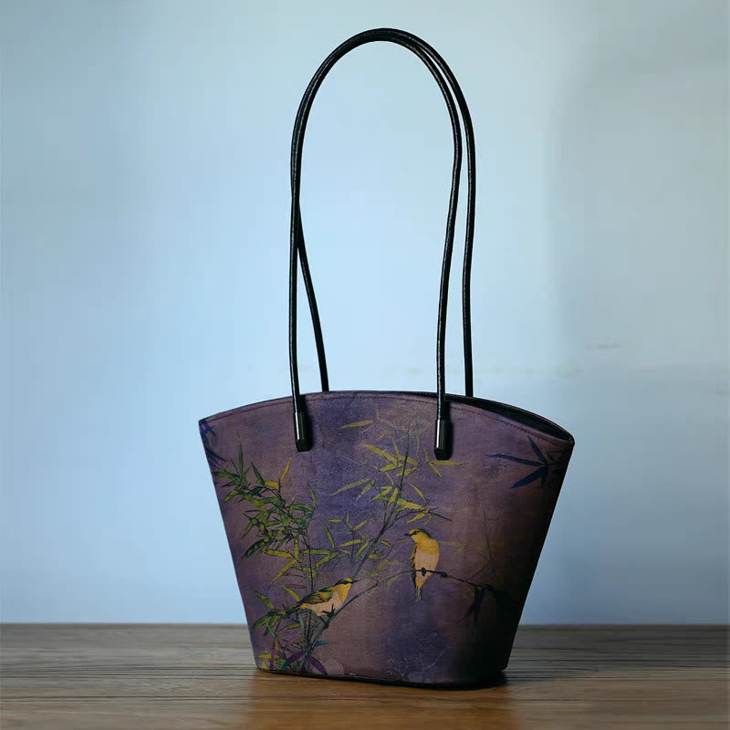 Buddha Stones Vintage Bamboo Magpie Peony Butterfly Large Capacity Shoulder Bag Handbag Shoulder Bag BS Purple Bamboo Magpie 22-32*19.5*11.5cm
