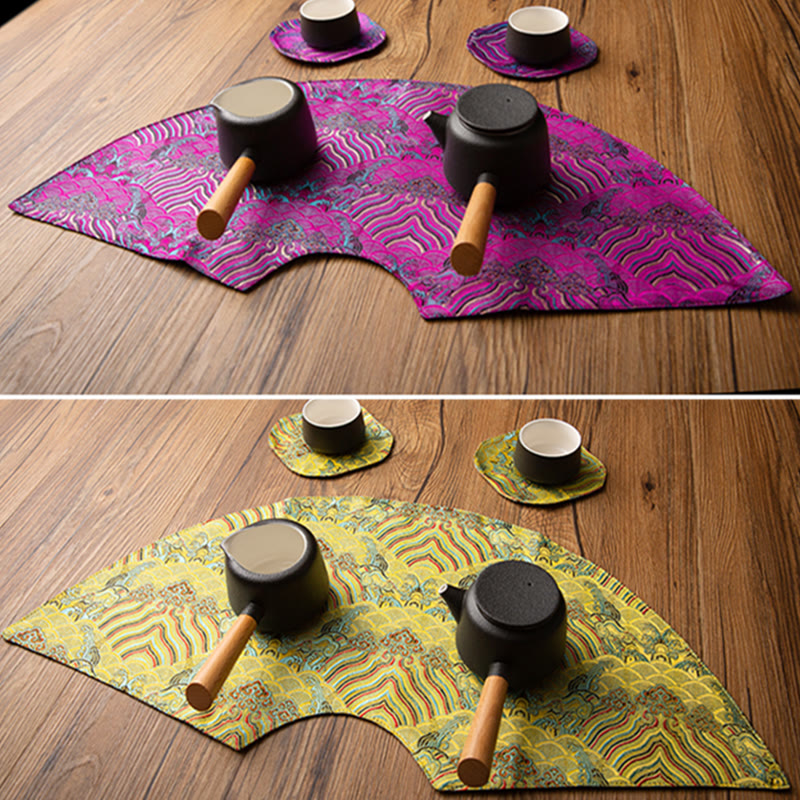 Buddha Stones Vintage Sea Wave Bamboo Plum Blossom Embroidered Cup Mat Pad Tea Cup Coaster Kung Fu Tea Mat Tea Mat BS 22