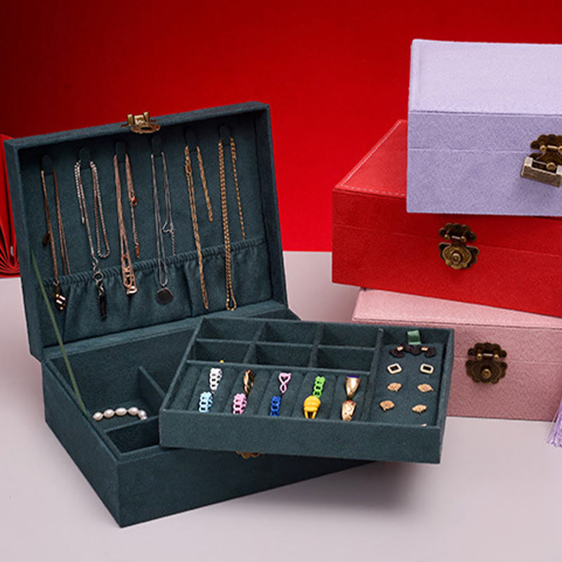 Buddha Stones Simple Design Jewelry Box Organizer Two-Layer Jewelry Storage Box Flannel Box With Lock - image 5