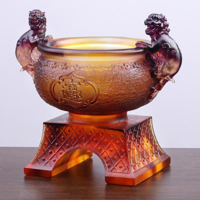 Buddha Stones Handmade Liuli Crystal PiXiu Treasure Bowl Art Piece Home Decoration Decorations BS 12