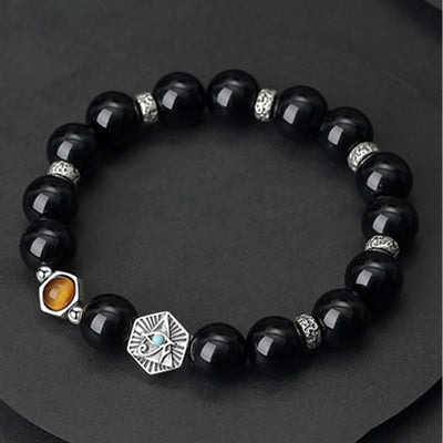 Foviel 925 Sterling Silver Black Obsidian Tiger Eye Eye of Providence Purification Bracelet