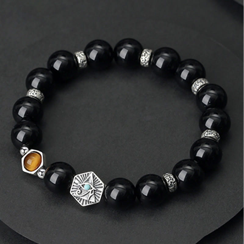Foviel 925 Sterling Silver Black Obsidian Tiger Eye Eye of Providence Purification Bracelet